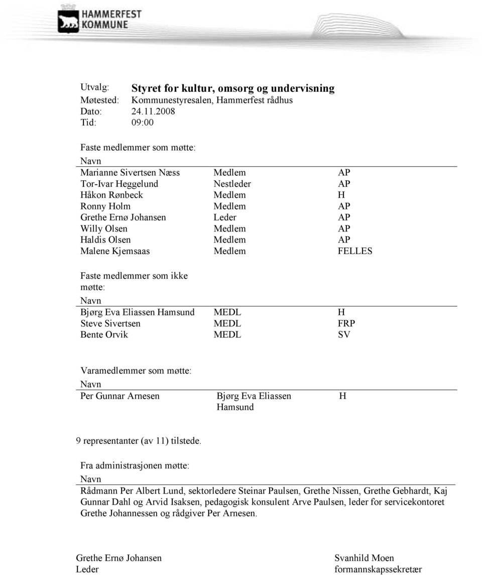 Medlem AP Haldis Olsen Medlem AP Malene Kjemsaas Medlem FELLES Faste medlemmer som ikke møtte: Navn Bjørg Eva Eliassen Hamsund MEDL H Steve Sivertsen MEDL FRP Bente Orvik MEDL SV Varamedlemmer som