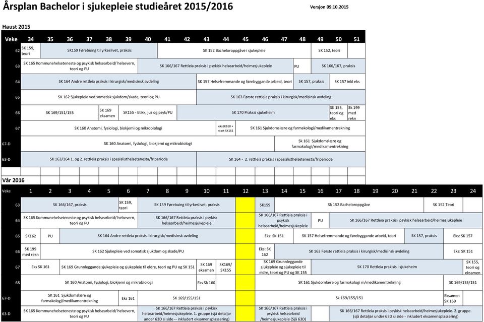 praksis i psykisk helsearbeid/heimesjukepleie PU teori og PU SK 166/167, praksis 64 SK 164 Andre rettleia praksis i kirurgisk/medisinsk avdeling SK 157 Helsefremmande og førebyggande arbeid, teori SK