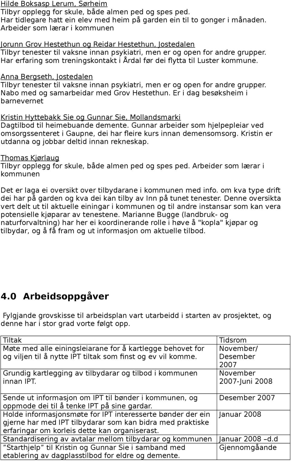 Har erfaring som treningskontakt i Årdal før dei flytta til Luster kommune. Anna Bergseth, Jostedalen Tilbyr tenester til vaksne innan psykiatri, men er og open for andre grupper.