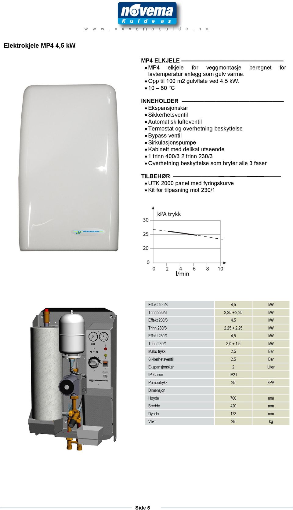 230/3 Overhetning beskyttelse som bryter alle 3 faser TILBEHØR UTK 2000 panel med fyringskurve Kit for tilpasning mot 230/1 Effekt 400/3 4,5 kw Trinn 230/3 2,25 + 2,25 kw Effekt 230/3 4,5 kw