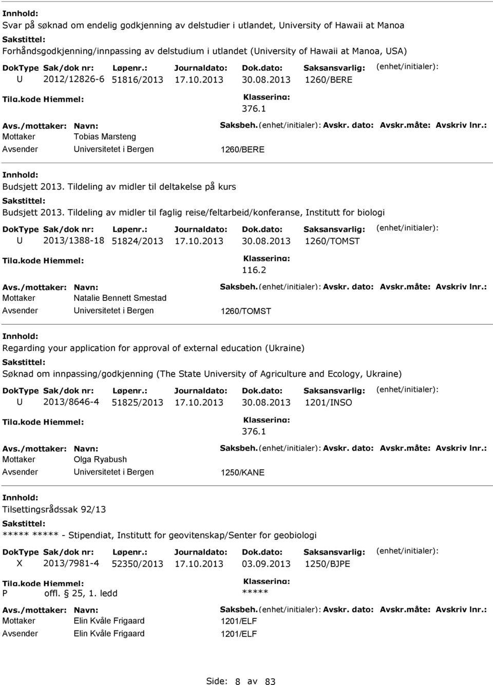 Tildeling av midler til deltakelse på kurs Budsjett 2013. Tildeling av midler til faglig reise/feltarbeid/konferanse, nstitutt for biologi 2013/1388-18 51824/2013 30.08.2013 1260/TOM 116.2 Avs.