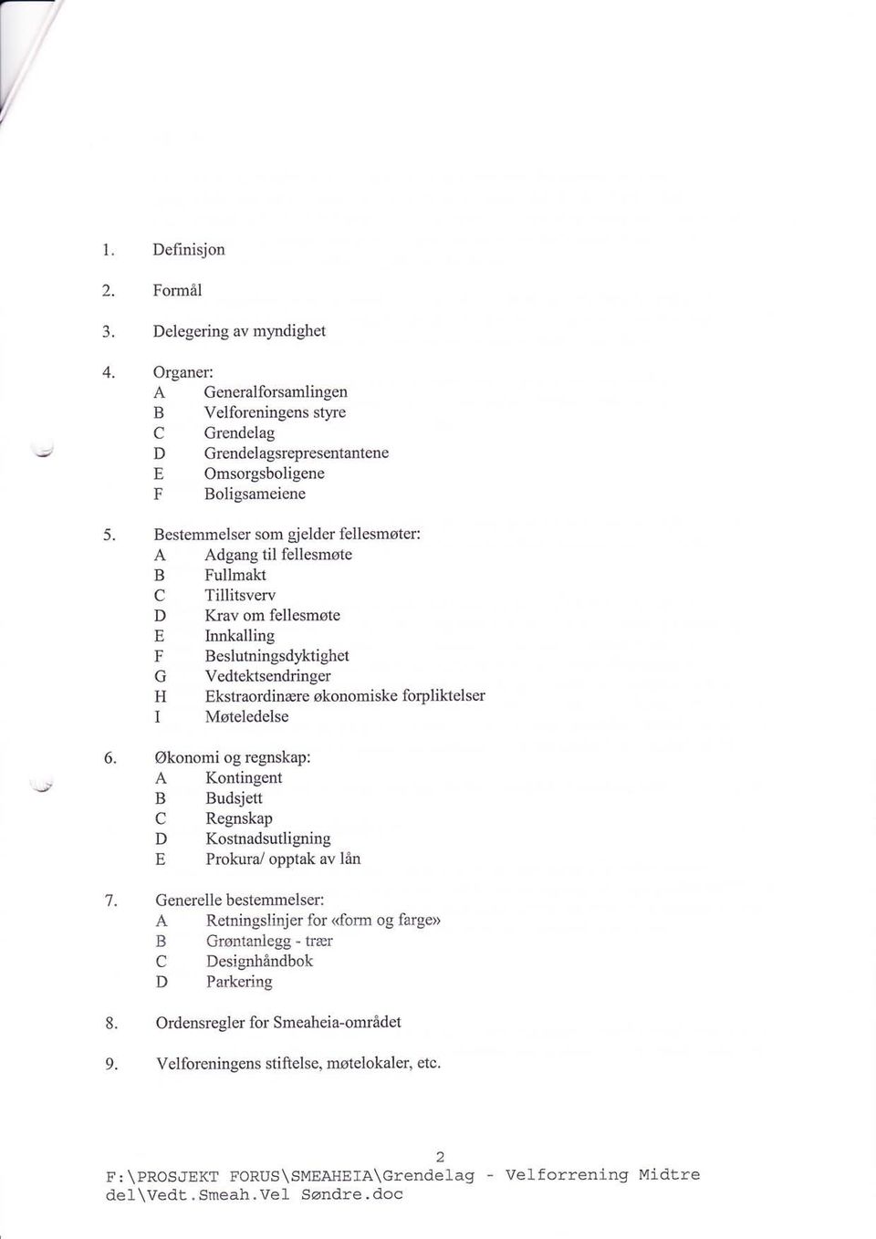 forpliktelser Møteledelse I w 6. Økonomi og regnskap: A Kontingent B Budsjett C Regnskap D Kostnadsutligning Prokura/ opptak av lån E 7.