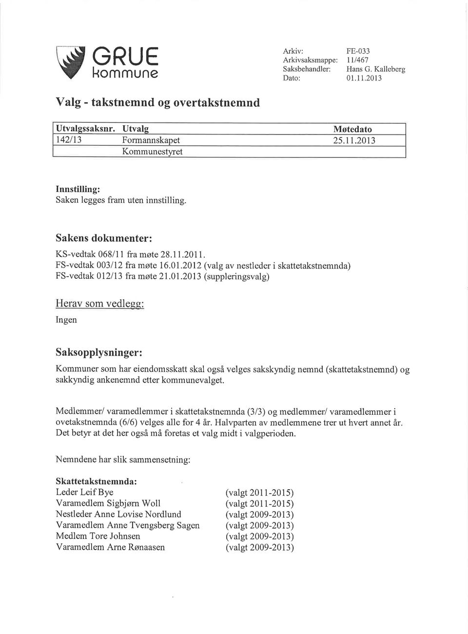 0L2012 (valg av nestleder i skattetakstnemnda) FS-vedtak 012 I 13 fta møte 2L0I.