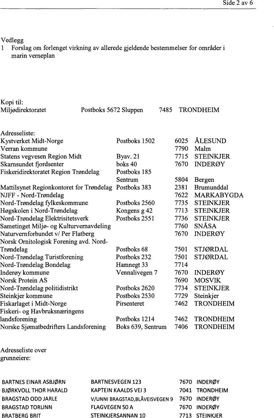 21 7715 STEINKJER Skarnsundet fiordsenter boks 40 7670 INDERØY Fiskeridirektoratet Region Trøndelag Postboks 185 Sentrum 5804 Bergen Mattilsynet Regionkontoret for Trøndelag Postboks 383 2381