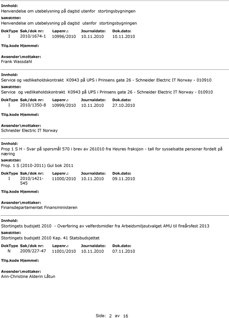 10.2010 Schneider Electric T Norway Prop 1 S H - Svar på spørsmål 570 i brev av 261010 fra Høyres fraksjon - tall for sysselsatte personer fordelt på næring 545 11000/2010 Stortingets budsjett 2010 -