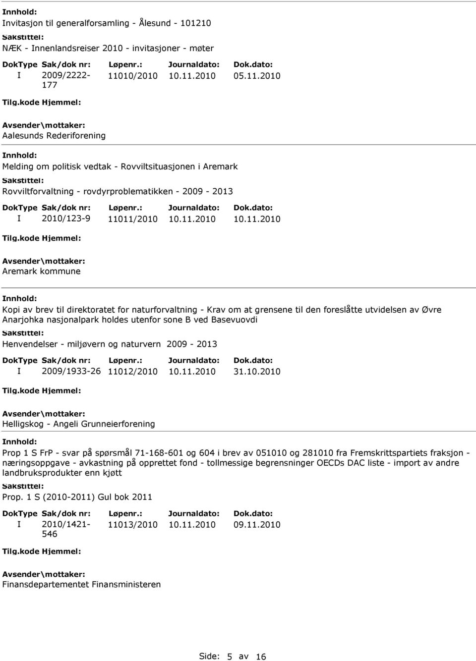 2010 Aalesunds Rederiforening Melding om politisk vedtak - Rovviltsituasjonen i Aremark Rovviltforvaltning - rovdyrproblematikken - 2009-2013 2010/123-9 11011/2010 Aremark kommune Kopi av brev til