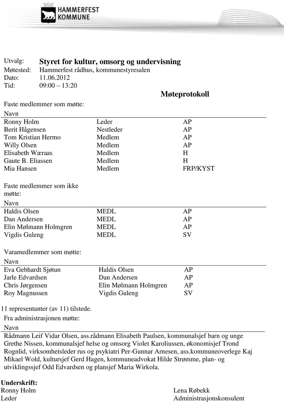 B. Eliassen Medlem H Mia Hansen Medlem FRP/KYST Faste medlemmer som ikke møtte: Navn Haldis Olsen MEDL AP Dan Andersen MEDL AP Elin Mølmann Holmgren MEDL AP Vigdis Guleng MEDL SV Varamedlemmer som