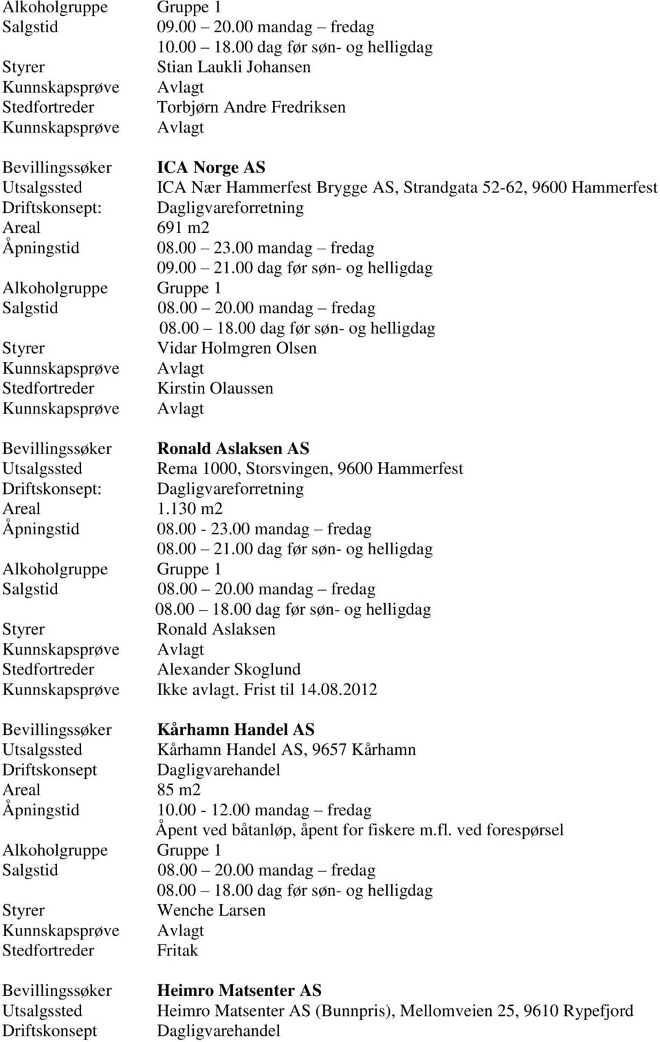 Driftskonsept: Dagligvareforretning 691 m2 Åpningstid 08.00 23.00 mandag fredag 09.00 21.