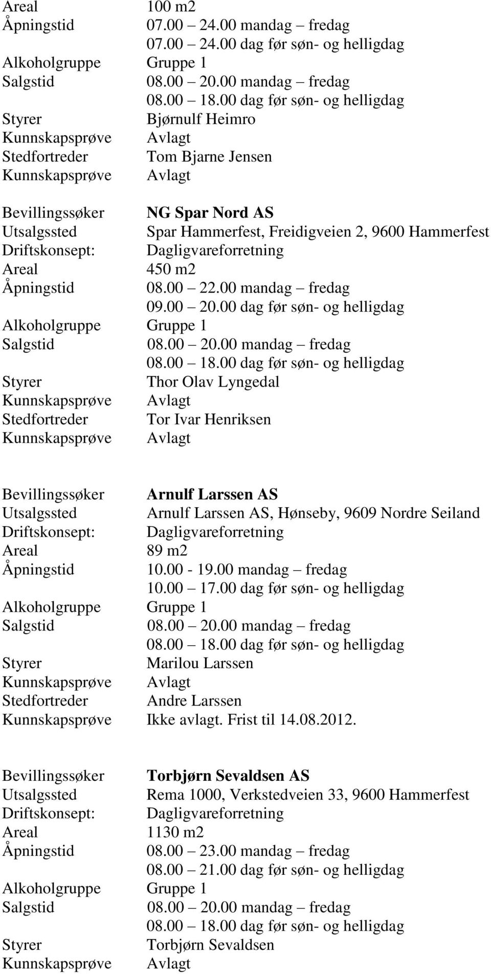 00 dag før søn- og helligdag Bjørnulf Heimro Stedfortreder Tom Bjarne Jensen Bevillingssøker NG Spar Nord AS Utsalgssted Spar Hammerfest, Freidigveien 2, 9600 Hammerfest Driftskonsept: