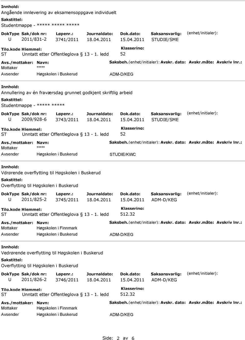 DE/KWC Vdrørende overflytting til Overflytting til 2011/825-2 3745/2011 512.