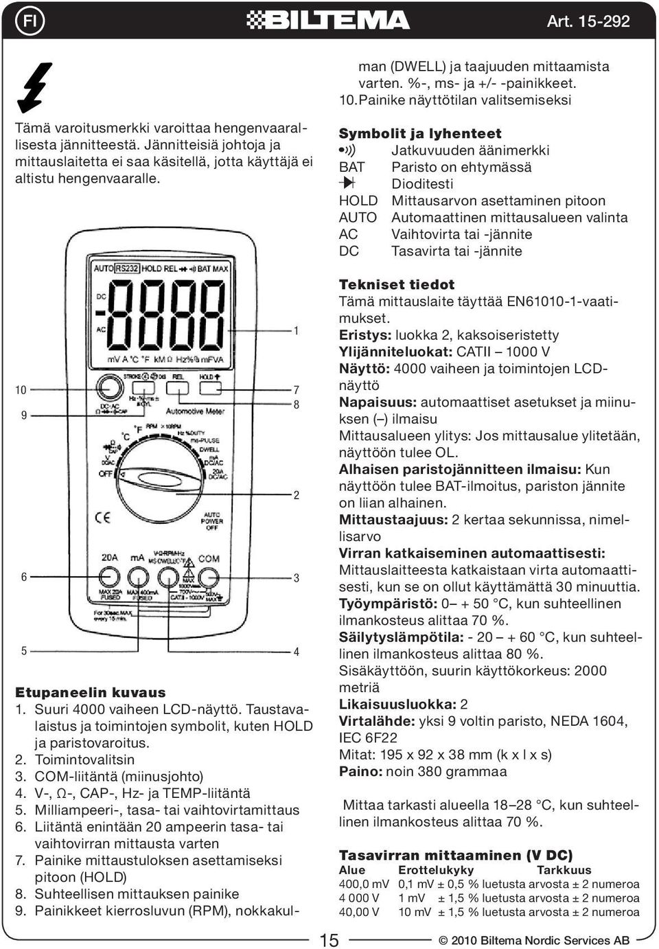 Painike mittaustuloksen asettamiseksi pitoon (HOLD) 8. Suhteellisen mittauksen painike 9. Painikkeet kierrosluvun (RPM), nokkakulman (DWELL) ja taajuuden mittaamista varten.