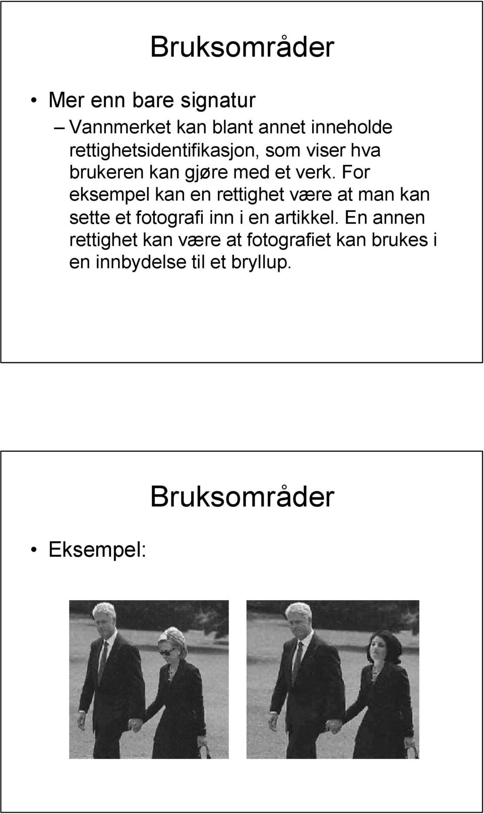 For eksempel kan en rettighet være at man kan sette et fotografi inn i en artikkel.