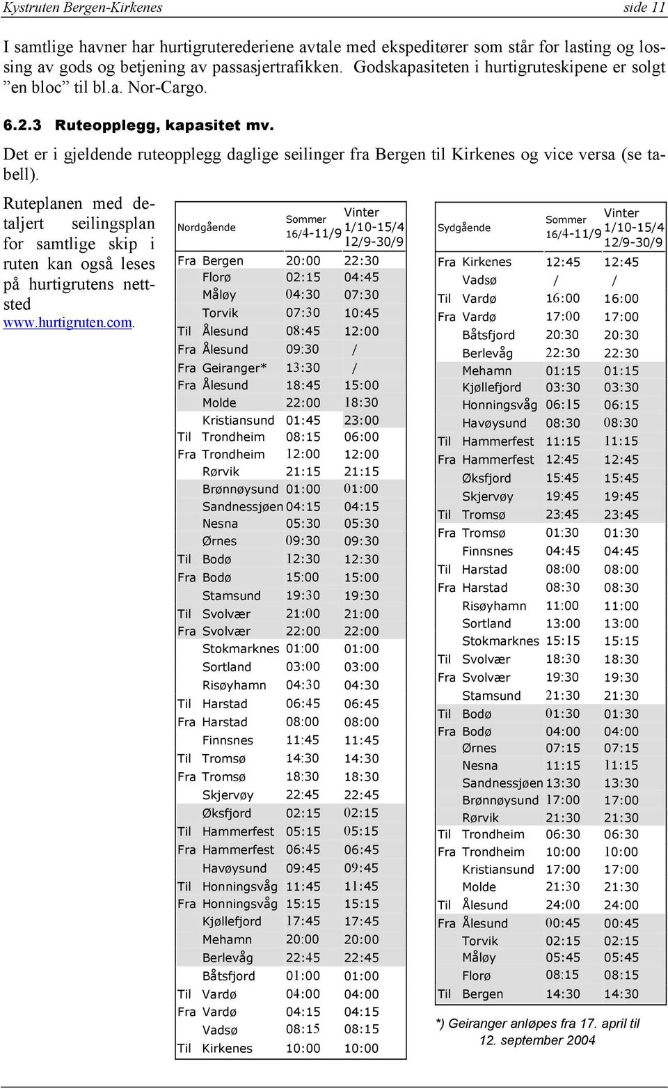 Det er i gjeldende ruteopplegg daglige seilinger fra Bergen til Kirkenes og vice versa (se tabell).