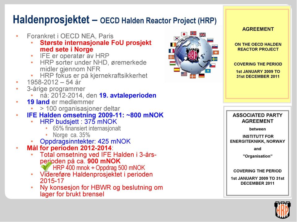 avtaleperioden 19 land er medlemmer > 100 organisasjoner deltar IFE Halden omsetning 2009-11: ~800 mnok HRP budsjett : 375 mnok 65% finansiert internasjonalt Norge ca.