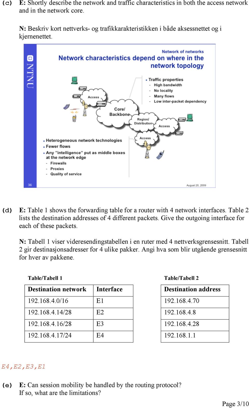 Table 2 lists the destination addresses of 4 different packets. Give the outgoing interface for each of these packets. N: Tabell 1 viser videresendingstabellen i en ruter med 4 nettverksgrensesnitt.