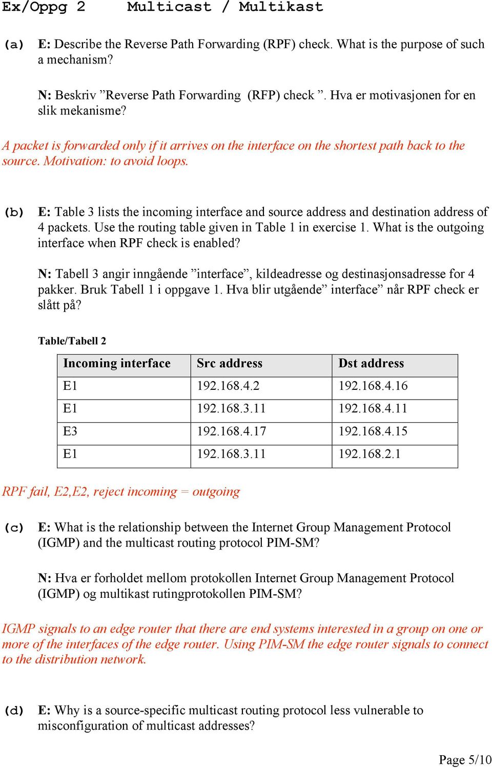 (b) E: Table 3 lists the incoming interface and source address and destination address of 4 packets. Use the routing table given in Table 1 in exercise 1.