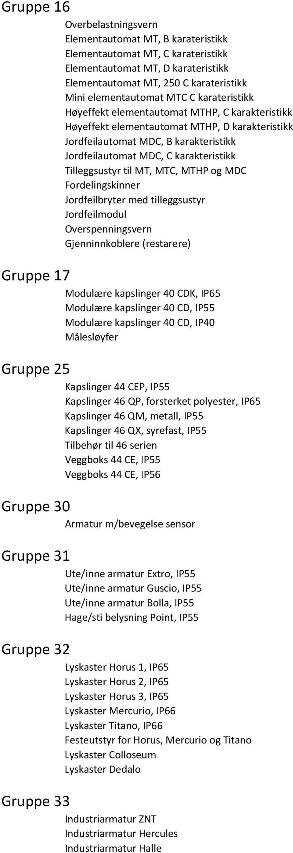 til MT, MTC, MTHP og MDC Fordelingskinner Jordfeilbryter med tilleggsustyr Jordfeilmodul Overspenningsvern Gjenninnkoblere (restarere) Gruppe 17 Modulære kapslinger 40 CDK, IP65 Modulære kapslinger