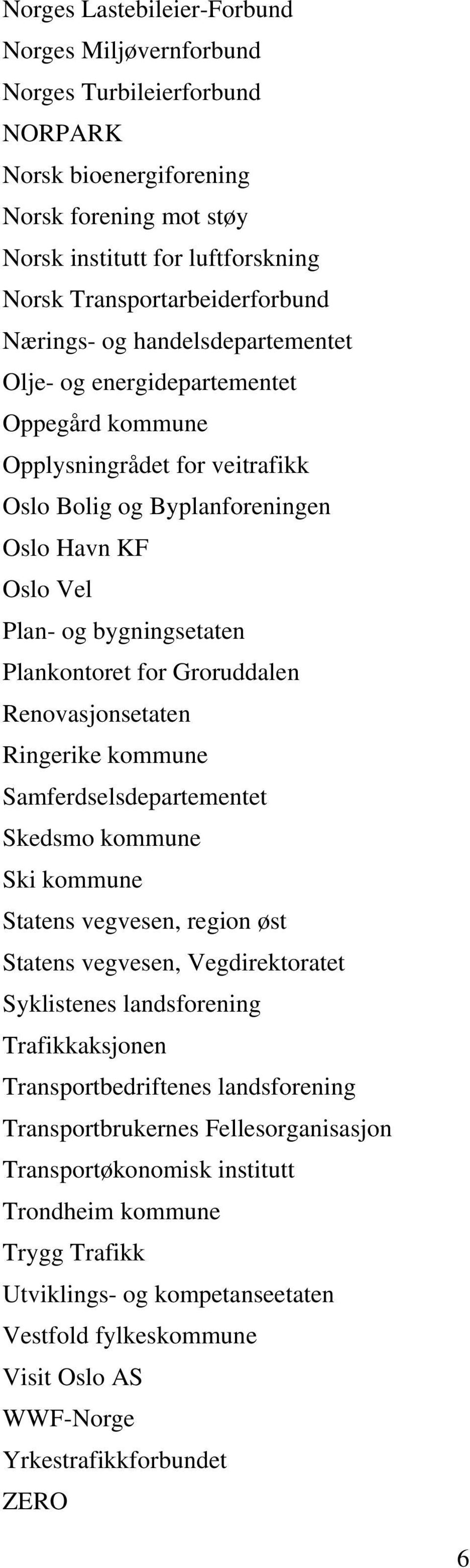 for Groruddalen Renovasjonsetaten Ringerike kommune Samferdselsdepartementet Skedsmo kommune Ski kommune Statens vegvesen, region øst Statens vegvesen, Vegdirektoratet Syklistenes landsforening