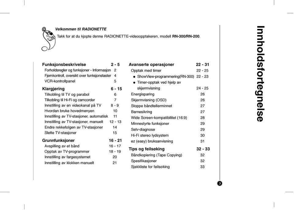 camcorder 7 Innstllng av en vdeokanal på TV 8-9 Hvordan bruke hovedmenyen 10 Innstllng av TV-stasjoner, automatsk 11 Innstllng av TV-stasjoner, manuelt 12-13 Endre rekkefølgen av TV-stasjoner 14