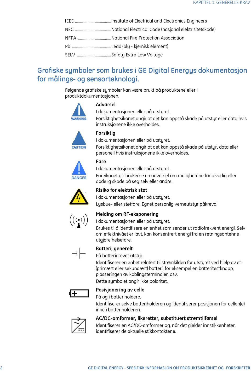 Følgende grafiske symboler kan være brukt på produktene eller i produktdokumentasjonen. Advarsel I dokumentasjonen eller på utstyret.