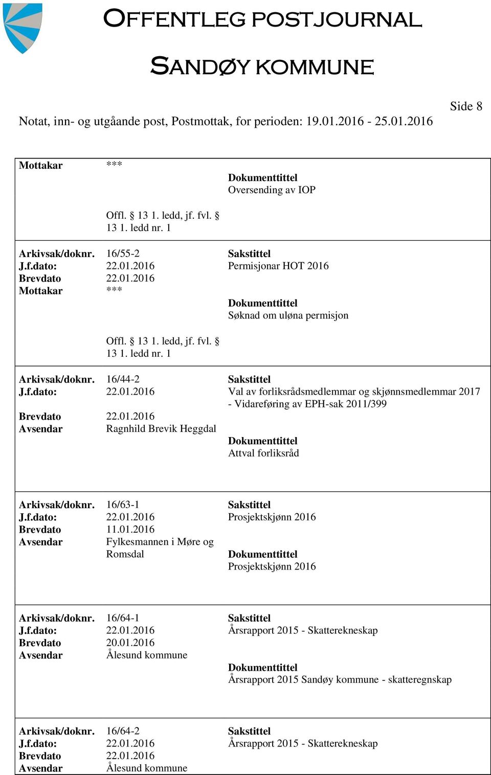 16/63-1 Sakstittel J.f.dato: 22.01.2016 Prosjektskjønn 2016 Brevdato 11.01.2016 Fylkesmannen i Møre og Romsdal Prosjektskjønn 2016 Arkivsak/doknr. 16/64-1 Sakstittel J.f.dato: 22.01.2016 Årsrapport 2015 - Skatterekneskap Ålesund kommune Årsrapport 2015 Sandøy kommune - skatteregnskap Arkivsak/doknr.