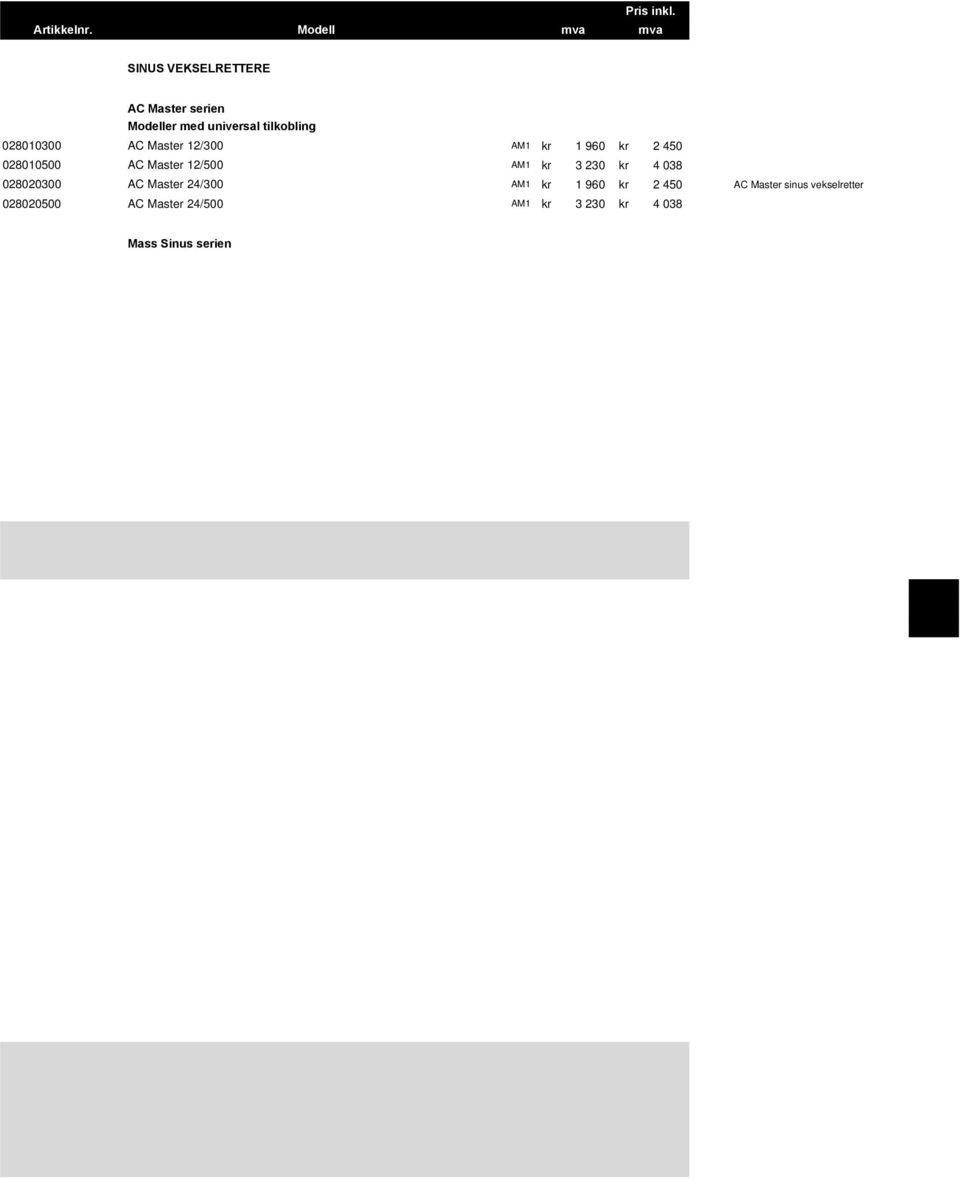 24/300 AM1 kr 1 960 kr 2 450 028020500 AC Master 24/500 AM1 kr 3 230 kr 4 038 AC Master sinus vekselretter Mass Sinus serien 230 V AC, 50Hz 024010800 Mass Sine 12/800 e4 S1 kr 7 900 kr 9 875