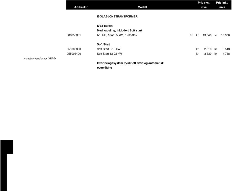 Start og automatisk overvåking 120/230V, for IVET 055010600 120/230-6kW kr 12 790 kr 15 988 055010900 120/230-9kW kr 15 780 kr 19 725 055011300 120/230-13kW kr 17 730 kr 22 163 Soft Start, art.nr.