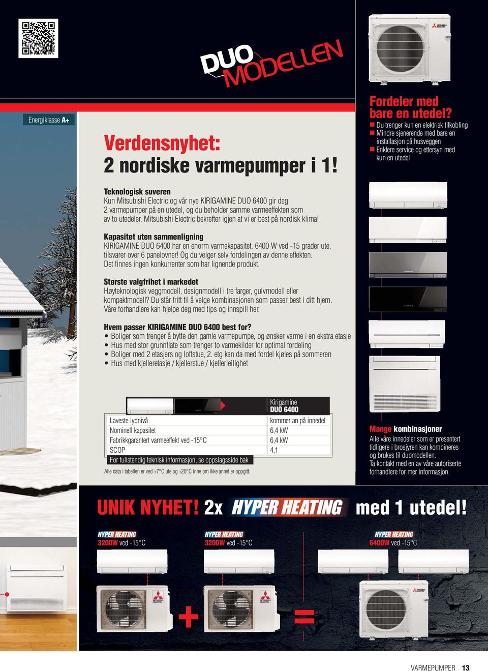 Mitsubishi Electric bekrefter igjen at vi er best på nordisk klima! Kapasitet uten sammenligning DUO 6400 har en enorm varmekapasitet. 6400 W ved -15 grader ute, tilsvarer over 6 panelovner!