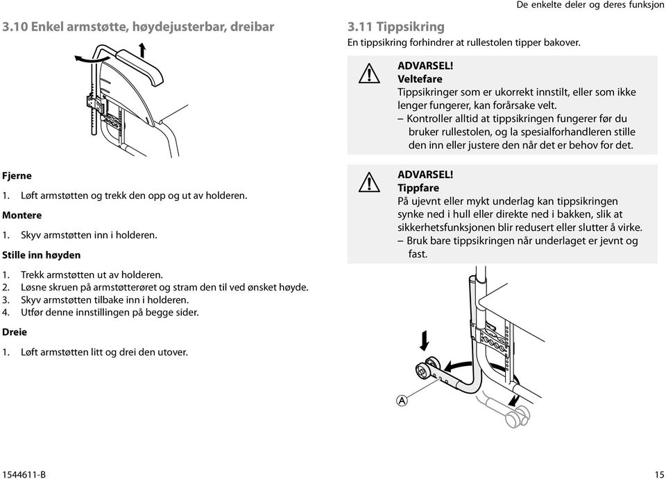 Kontroller alltid at tippsikringen fungerer før du bruker rullestolen, og la spesialforhandleren stille deninnellerjusteredennårdeterbehovfordet. Fjerne 1. Løftarmstøttenogtrekkdenoppogutavholderen.