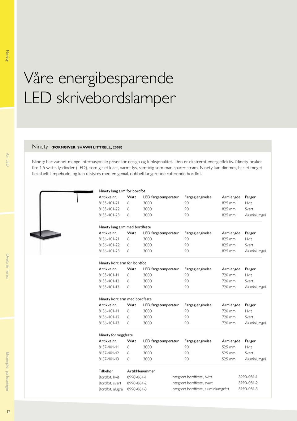 Ninety kan dimmes, har et meget fleksibelt lampehode, og kan utstyres med en genial, dobbeltfungerende roterende bordfot.