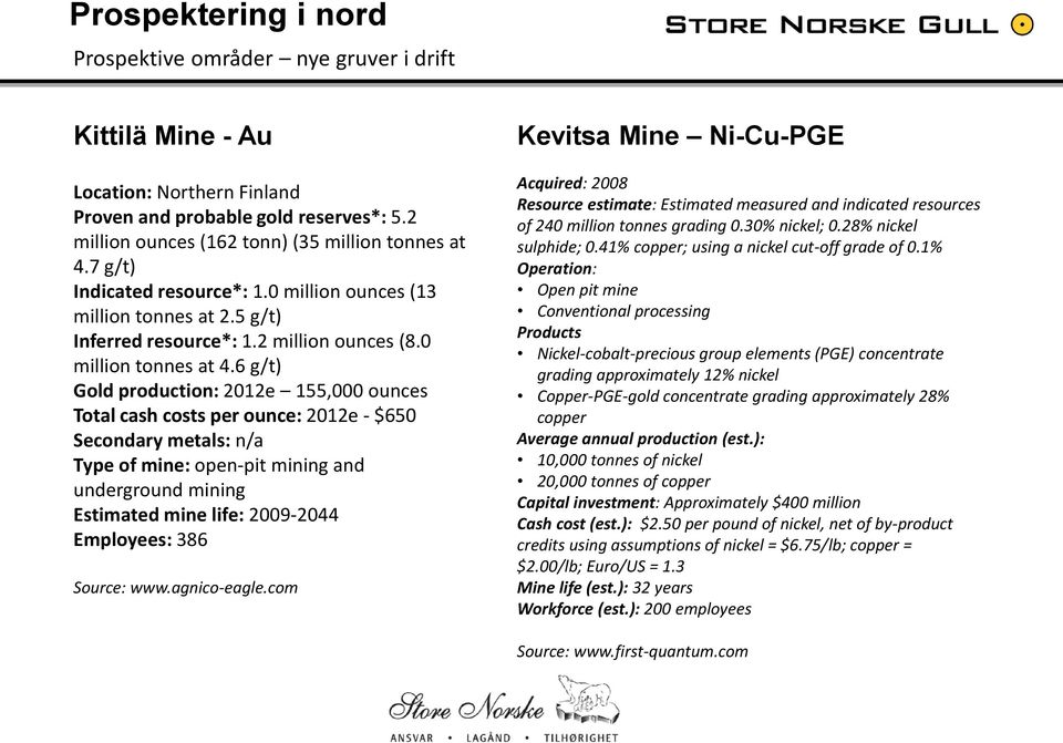 6 g/t) Gold production: 2012e 155,000 ounces Total cash costs per ounce: 2012e - $650 Secondary metals: n/a Type of mine: open-pit mining and underground mining Estimated mine life: 2009-2044