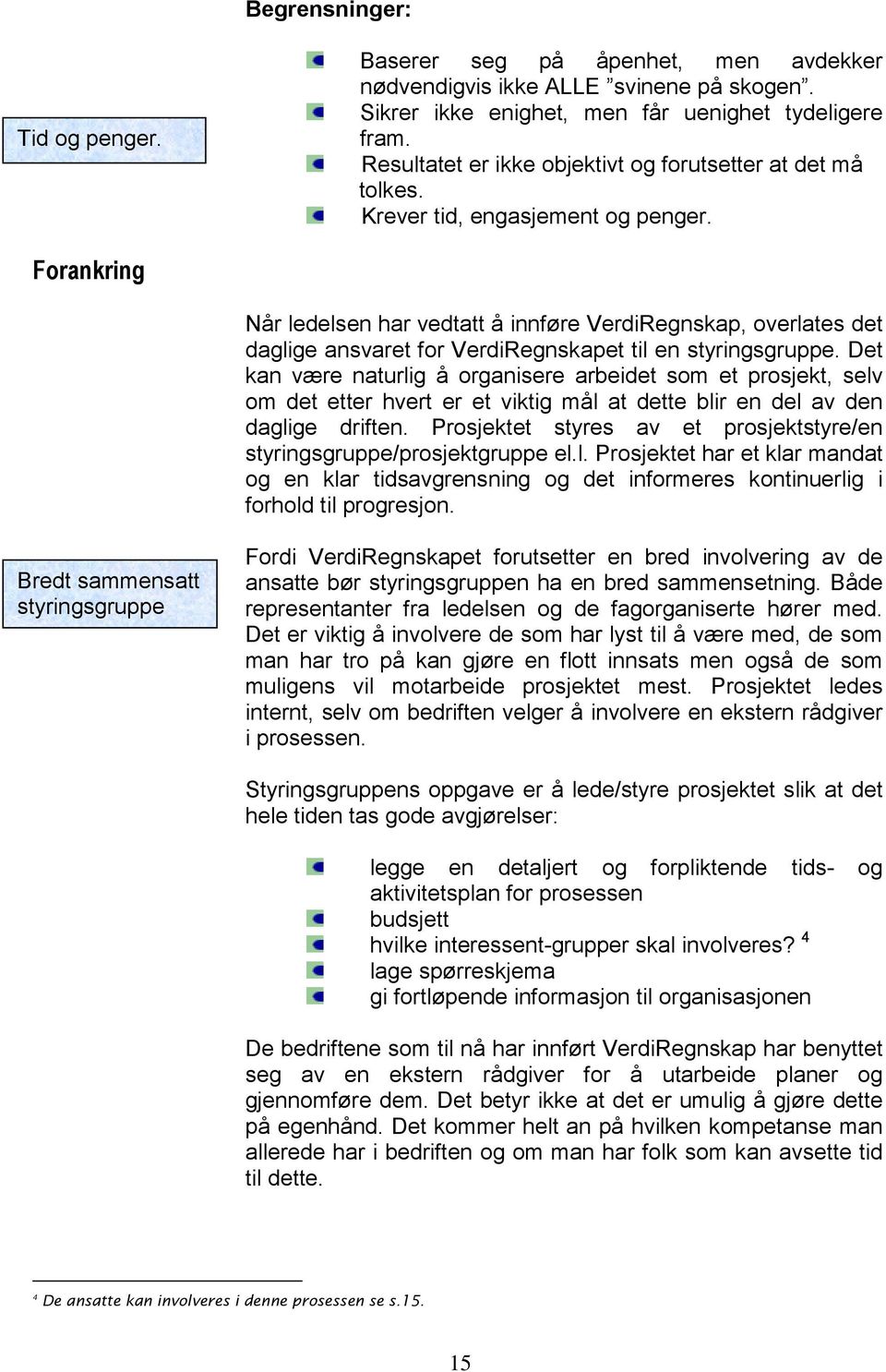 Forankring Når ledelsen har vedtatt å innføre VerdiRegnskap, overlates det daglige ansvaret for VerdiRegnskapet til en styringsgruppe.