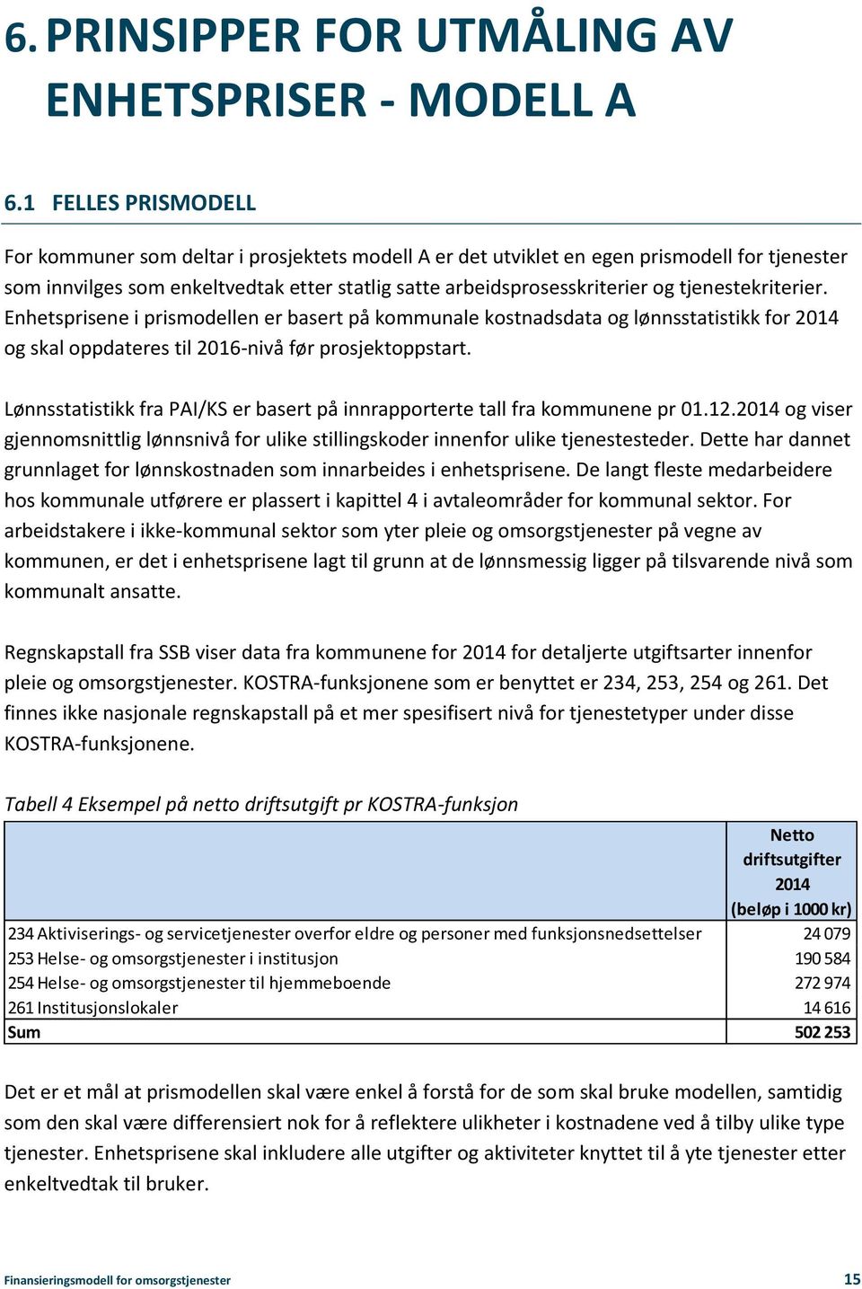 tjenestekriterier. Enhetsprisene i prismodellen er basert på kommunale kostnadsdata og lønnsstatistikk for 2014 og skal oppdateres til 2016-nivå før prosjektoppstart.