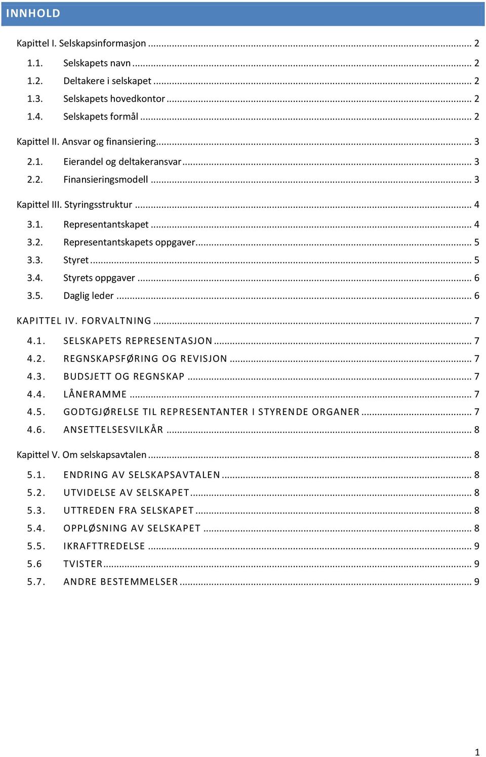 .. 6 3.5. Daglig leder... 6 KAPITTEL IV. FORVALTNING... 7 4.1. SELSKAPETS REPRESENTASJON... 7 4.2. REGNSKAPSFØRING OG REVISJON... 7 4.3. BUDSJETT OG REGNSKAP... 7 4.4. LÅNERAMME... 7 4.5. GODTGJØRELSE TIL REPRESENTANTER I STYREN DE ORGANER.