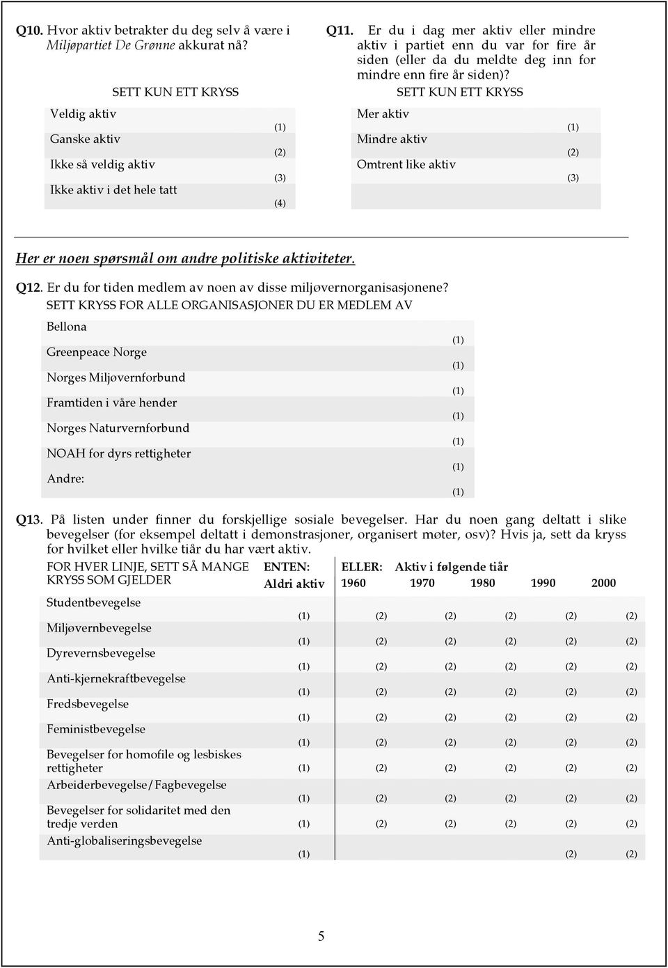 Mer aktiv Mindre aktiv Omtrent like aktiv Her er noen spørsmål om andre politiske aktiviteter. Q12. Er du for tiden medlem av noen av disse miljøvernorganisasjonene?