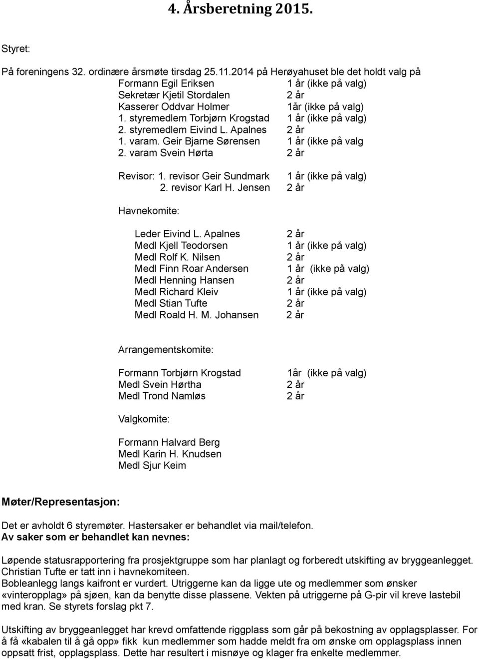 varam. Geir Bjarne Sørensen 1 år (ikke på valg 2. varam Svein Hørta Revisor: 1. revisor Geir Sundmark 2. revisor Karl H. Jensen Havnekomite: Leder Eivind L. Apalnes Medl Kjell Teodorsen Medl Rolf K.