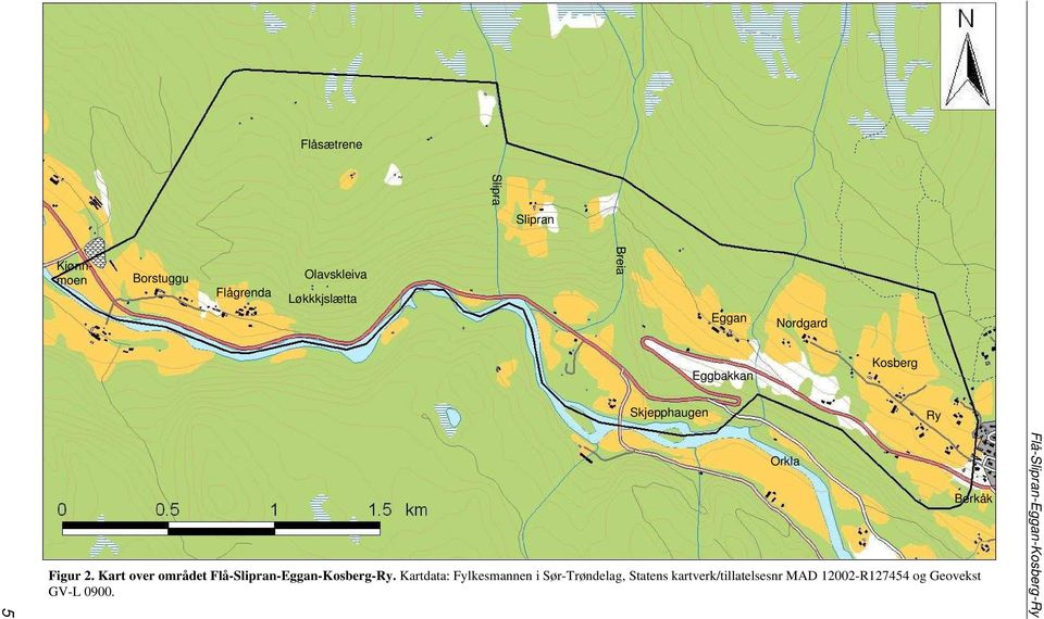 Kart over området Flå-Slipran-Eggan-Kosberg-Ry.