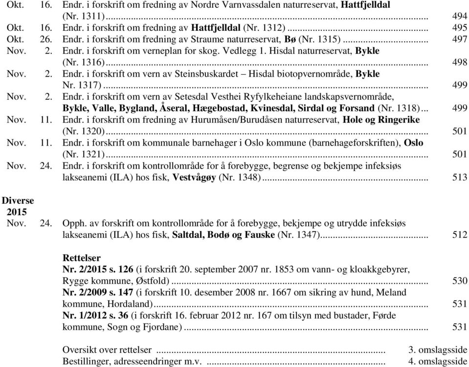 1317)... 499 Nov. 2. Endr. i forskrift om vern av Setesdal Vesthei Ryfylkeheiane landskapsvernområde, Bykle, Valle, Bygland, Åseral, Hægebostad, Kvinesdal, Sirdal og Forsand (Nr. 1318)... 499 Nov. 11.