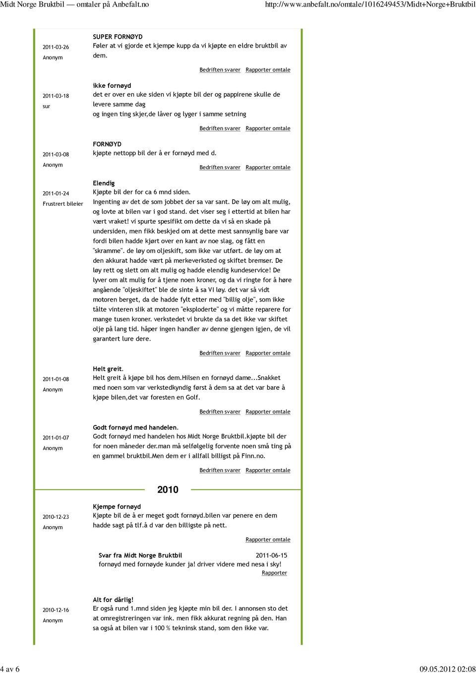 bil der å er fornøyd med d. 2011-01-24 Frustrert bileier Elendig Kjøpte bil der for ca 6 mnd siden. Ingenting av det de som jobbet der sa var sant.