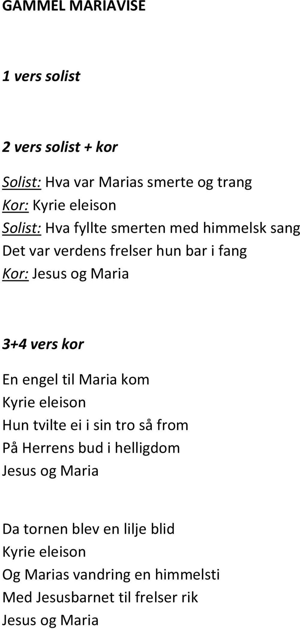 kor En engel til Maria kom Kyrie eleison Hun tvilte ei i sin tro så from På Herrens bud i helligdom Jesus og Maria