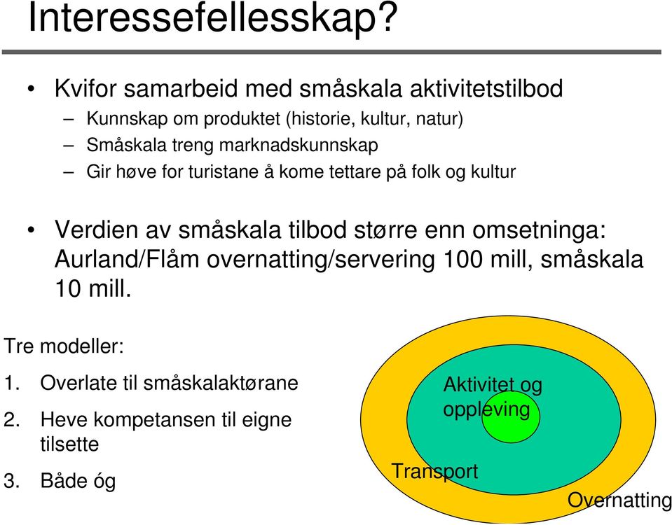 marknadskunnskap Gir høve for turistane å kome tettare på folk og kultur Verdien av småskala tilbod større enn