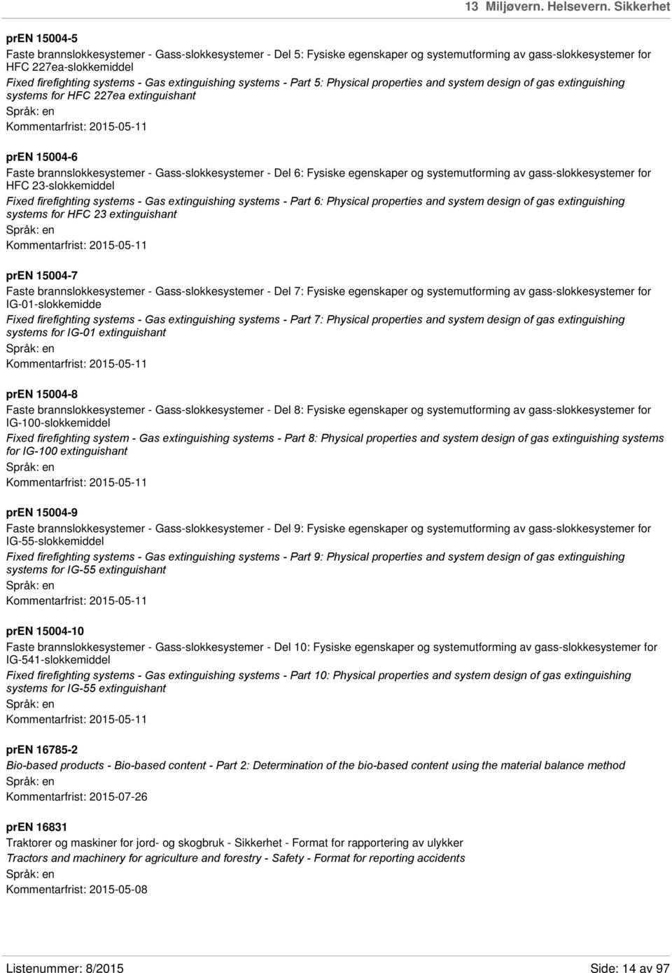 Gas extinguishing systems - Part 5: Physical properties and system design of gas extinguishing systems for HFC 227ea extinguishant Kommentarfrist: 2015-05-11 pren 15004-6 Faste brannslokkesystemer -