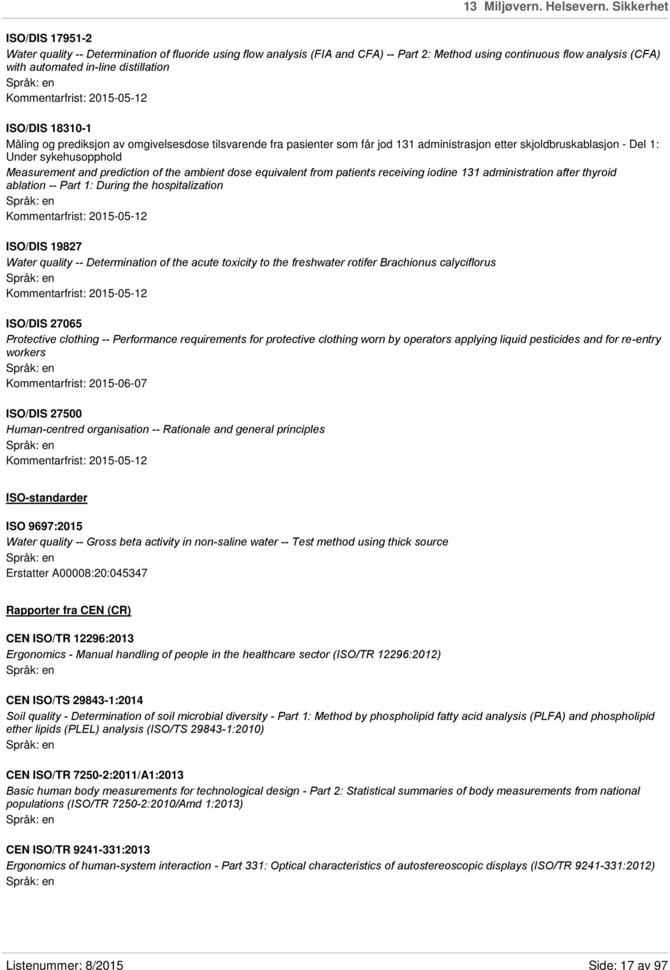 Kommentarfrist: 2015-05-12 ISO/DIS 18310-1 Måling og prediksjon av omgivelsesdose tilsvarende fra pasienter som får jod 131 administrasjon etter skjoldbruskablasjon - Del 1: Under sykehusopphold