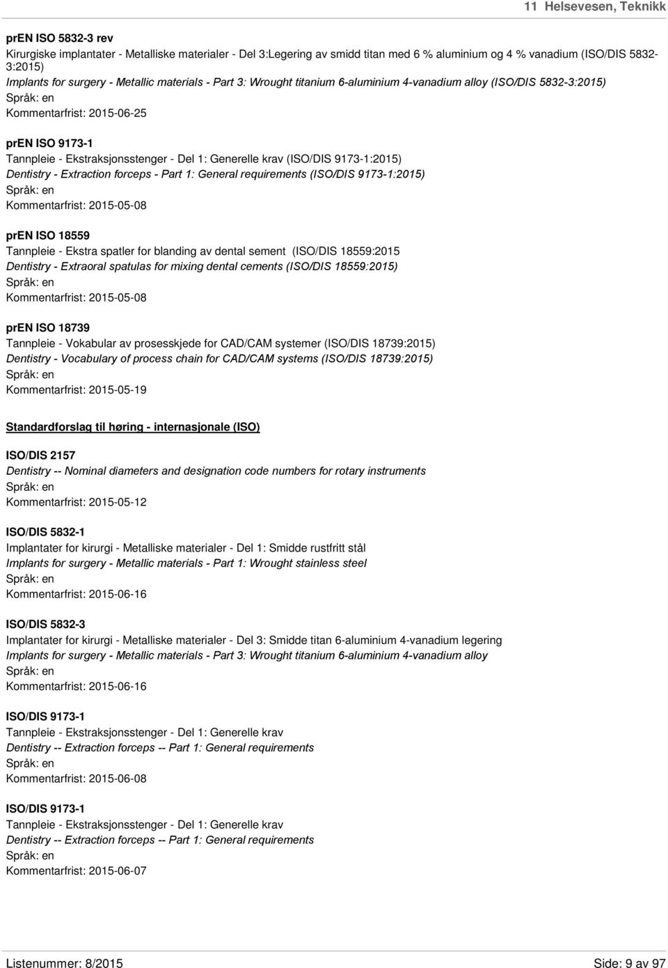 (ISO/DIS 9173-1:2015) Dentistry - Extraction forceps - Part 1: General requirements (ISO/DIS 9173-1:2015) Kommentarfrist: 2015-05-08 pren ISO 18559 Tannpleie - Ekstra spatler for blanding av dental