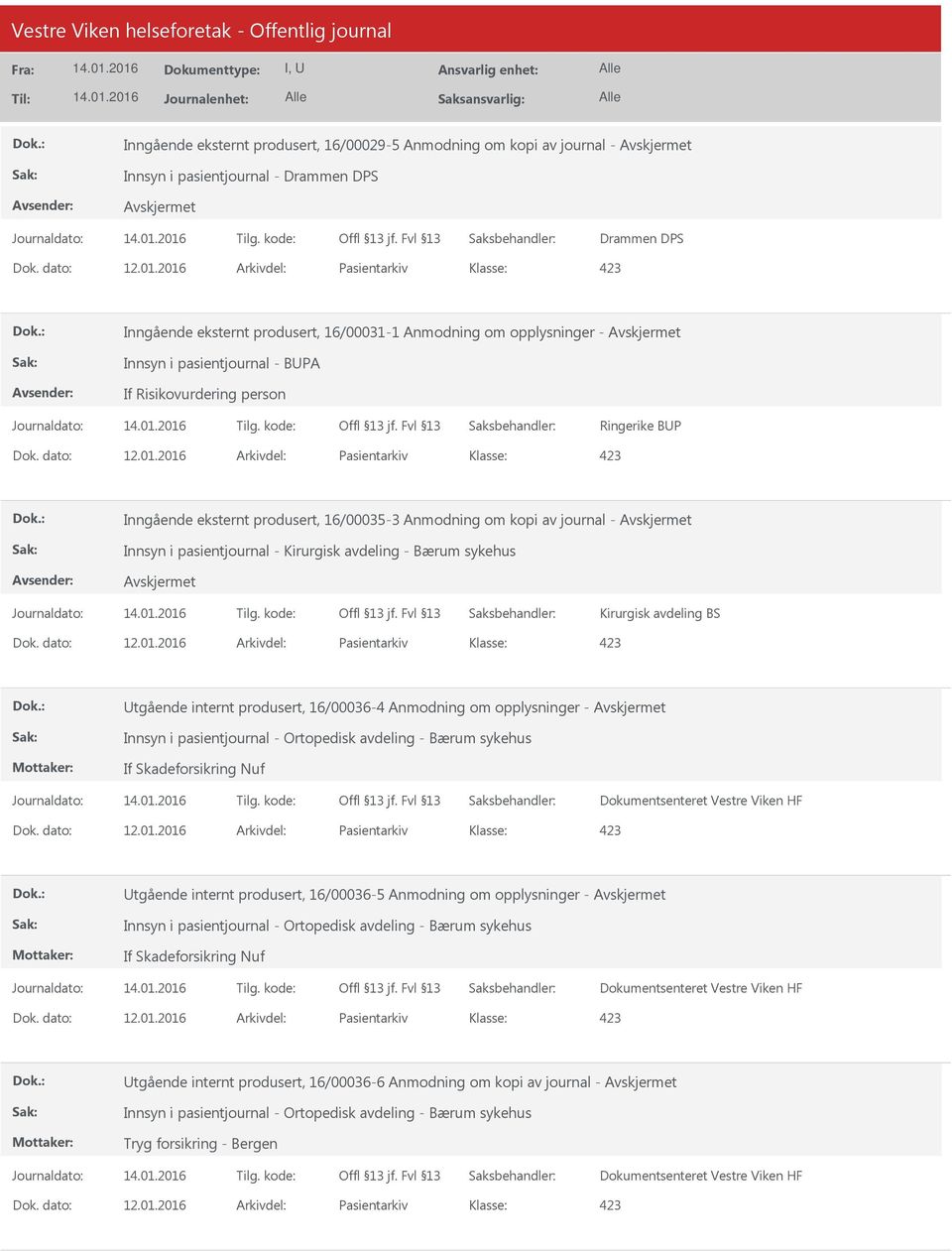 dato: 12.01.2016 Arkivdel: Pasientarkiv tgående internt produsert, 16/00036-4 Anmodning om opplysninger - Innsyn i pasientjournal - Ortopedisk avdeling - Bærum sykehus If Skadeforsikring Nuf Dok.