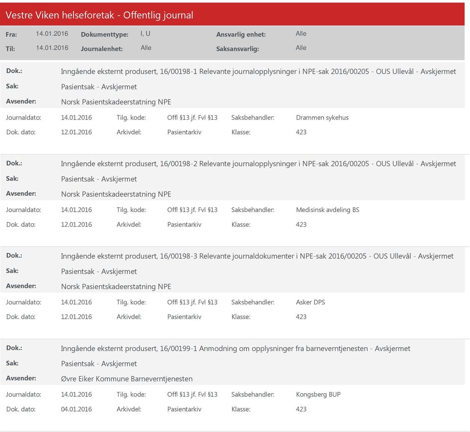 dato: 12.01.2016 Arkivdel: Pasientarkiv 8-3 Relevante journaldokumenter i NPE-sak 2016/00205 - OS llevål - Asker DPS Dok. dato: 12.01.2016 Arkivdel: Pasientarkiv 9-1 Anmodning om opplysninger fra barneverntjenesten - Øvre Eiker Kommune Barneverntjenesten Kongsberg BP Dok.