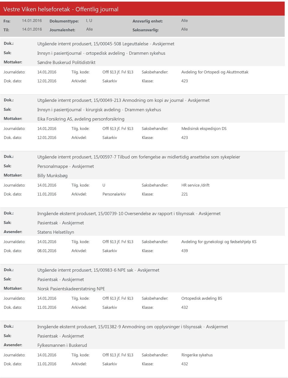 tgående internt produsert, 15/00597-7 Tilbud om forlengelse av midlertidig ansettelse som sykepleier Personalmappe - Billy Munksbøg Dok. dato: 11.01.