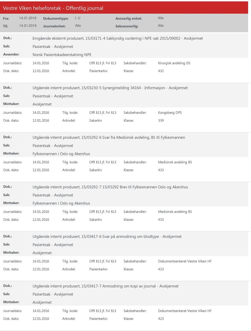 2016 Arkivdel: Pasientarkiv tgående internt produsert, 15/03230-5 Synergimelding 34164 - Informasjon - Kongsberg DPS 339 tgående internt produsert, 15/03292-6 Svar fra Medisinsk avdeling, BS