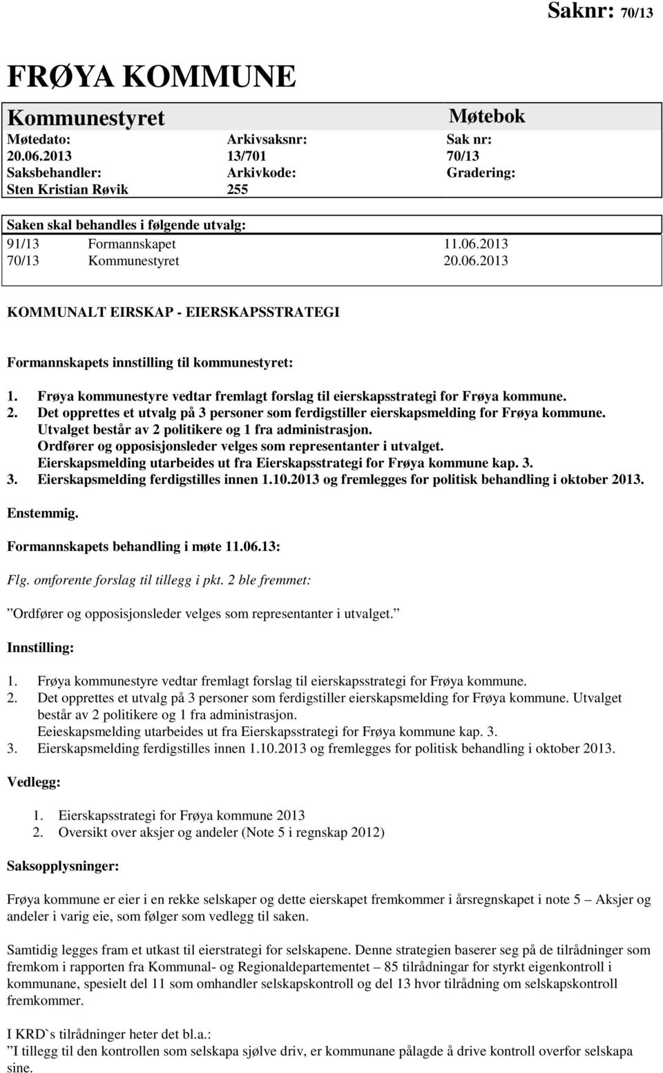 2013 70/13 Kommunestyret 20.06.2013 KOMMUNALT EIRSKAP - EIERSKAPSSTRATEGI Formannskapets innstilling til kommunestyret: 1.