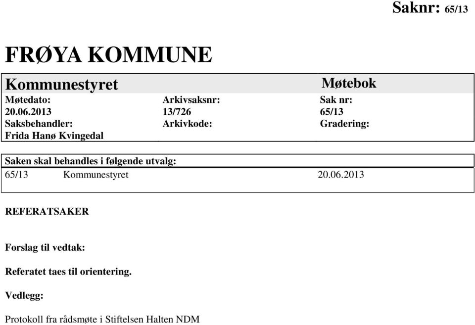 65/13 Gradering: Saken skal behandles i følgende utvalg: 65/13 Kommunestyret 20.06.